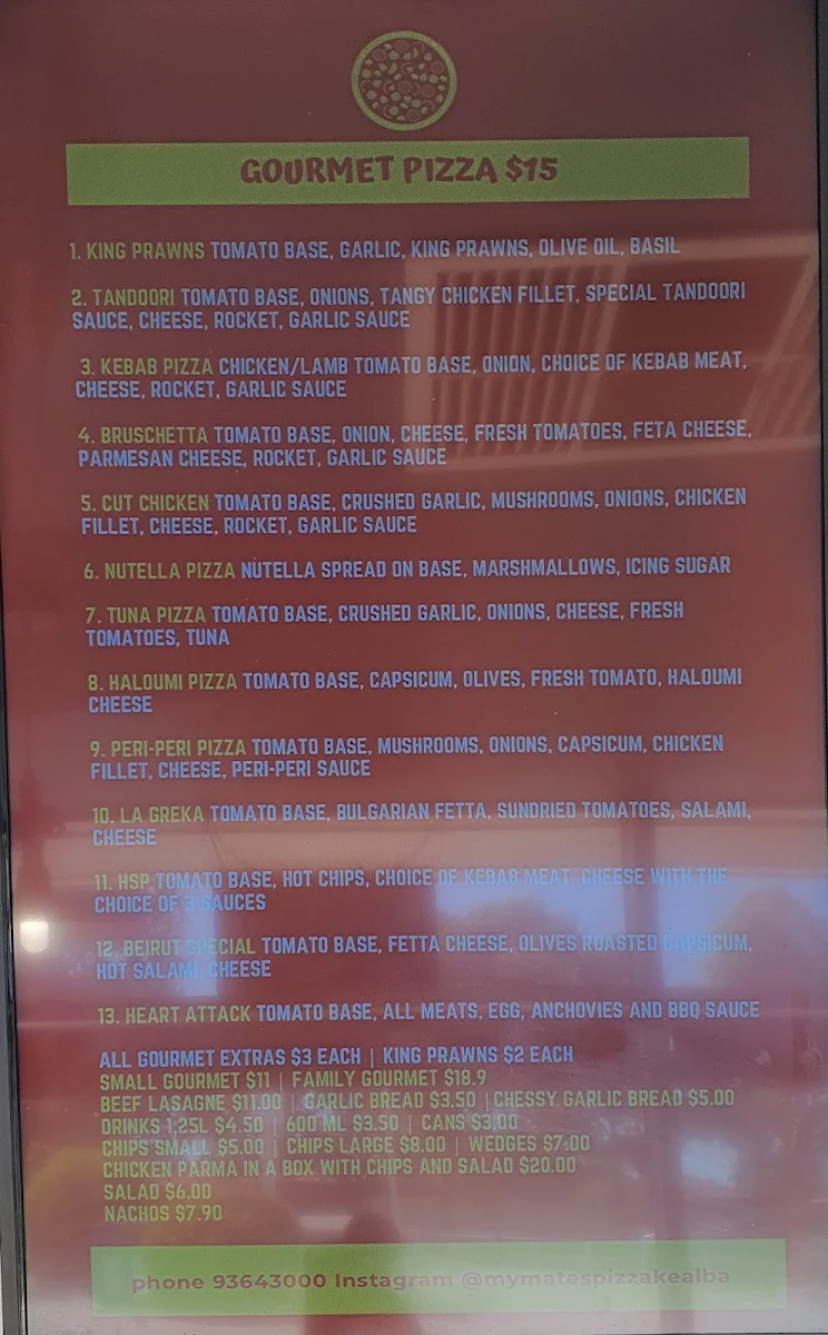 Menu, My Mates Pizza Kealba حلال