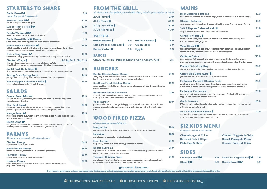 Menu, The Boathouse Tavern