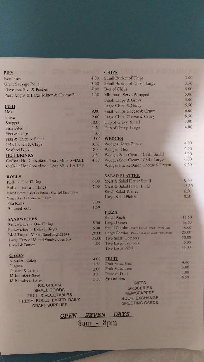 Menu, Kambalda East Deli