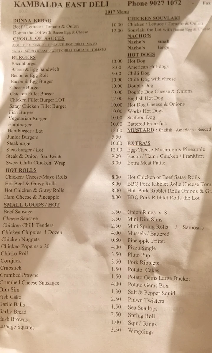 Menu, Kambalda East Deli