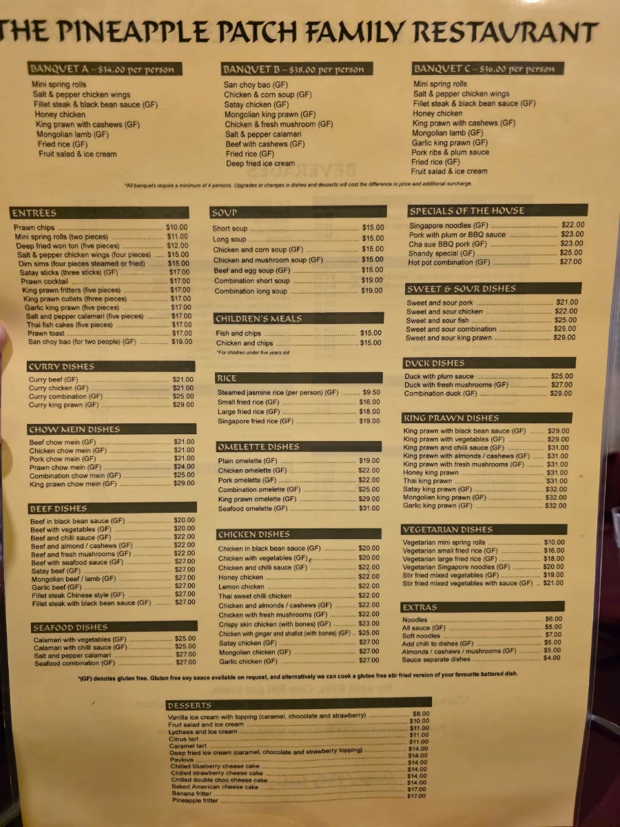 Menu, The Pineapple Patch Family Restaurant