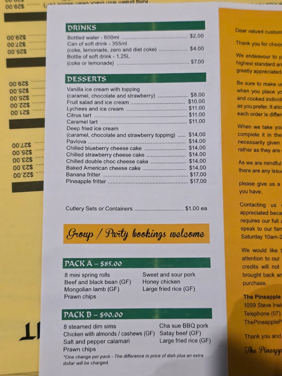 Menu, The Pineapple Patch Family Restaurant