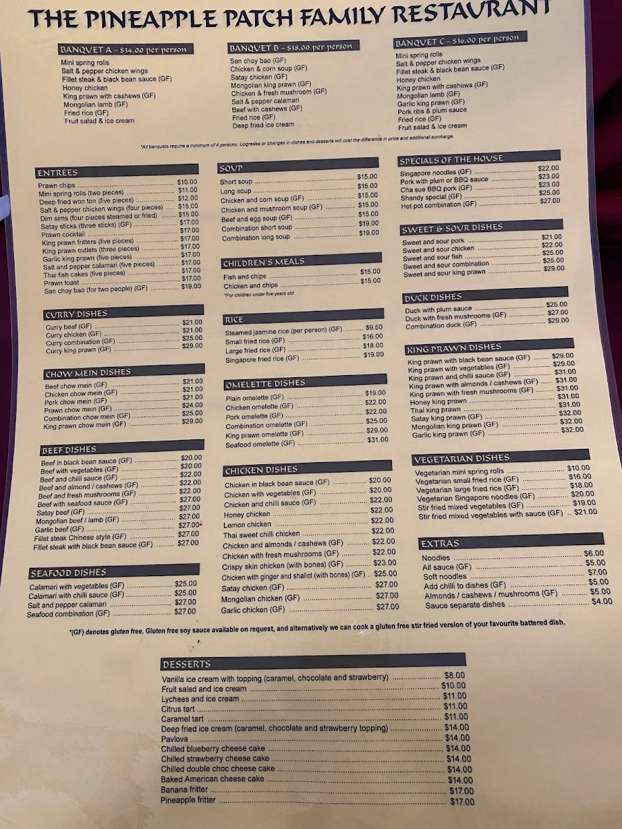 Menu, The Pineapple Patch Family Restaurant