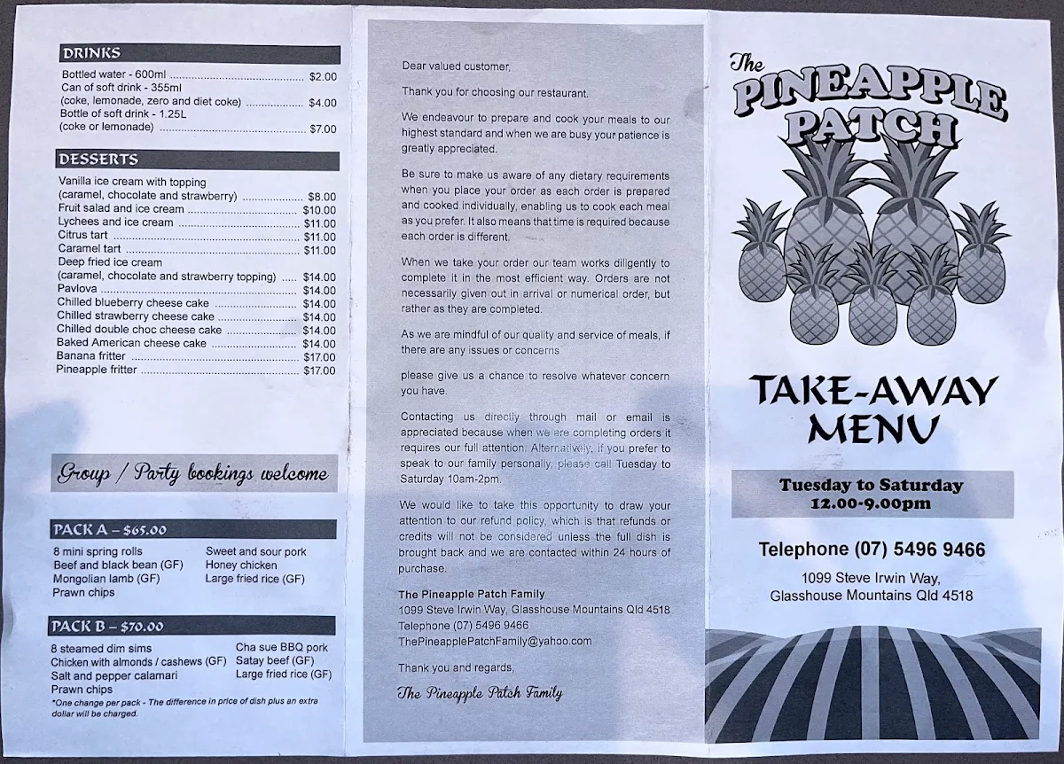 Menu, The Pineapple Patch Family Restaurant