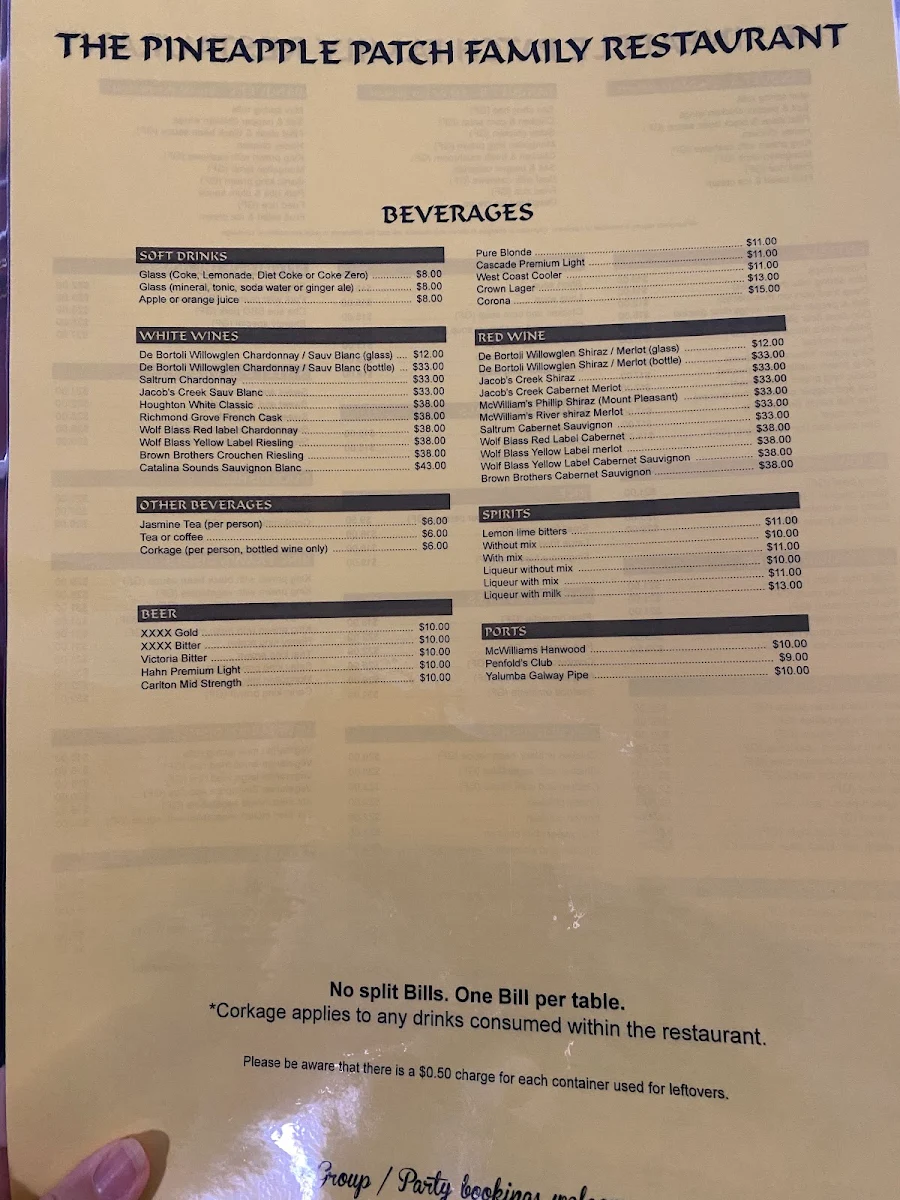 Menu, The Pineapple Patch Family Restaurant