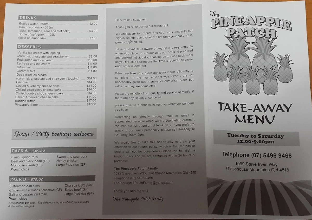 Menu, The Pineapple Patch Family Restaurant