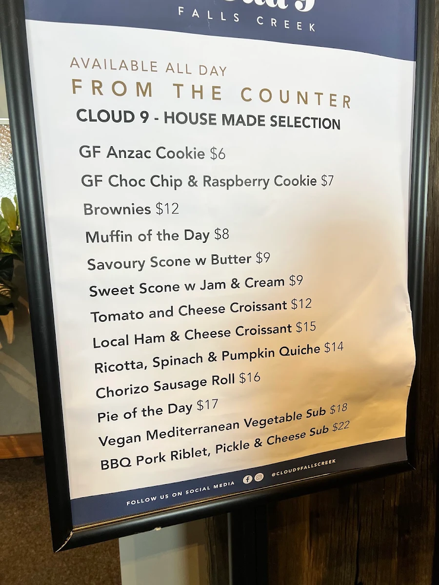 Menu, Cloud 9 Falls Creek