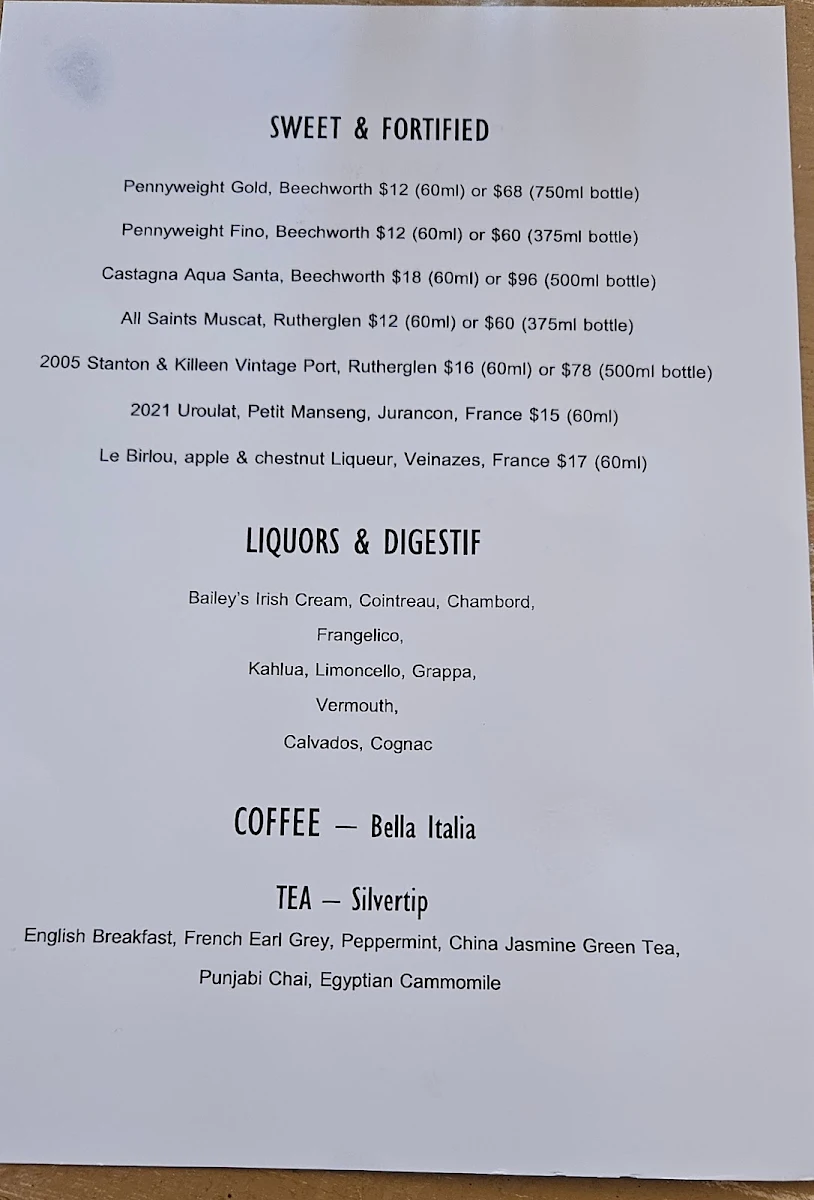 Menu, Ford Street Enoteca (formerly Ox and Hound Bistro)