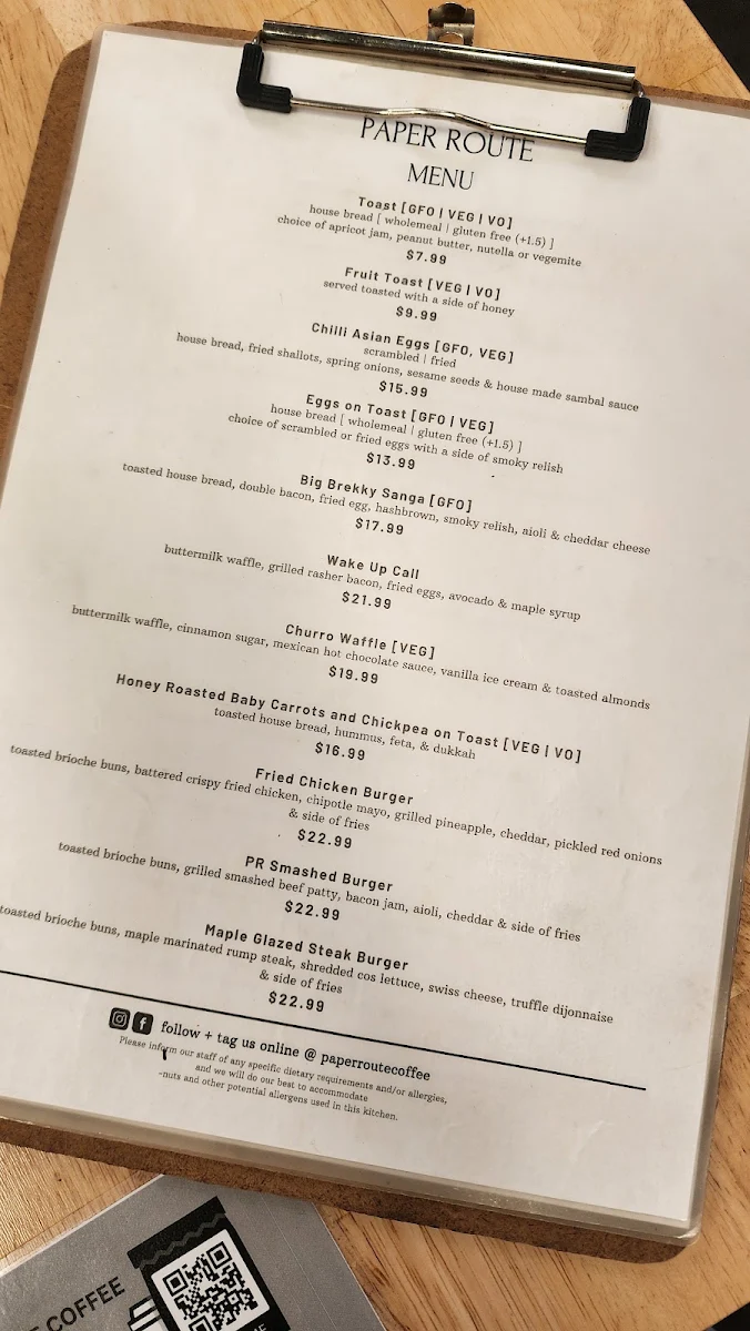 Menu, Paper Route Coffee