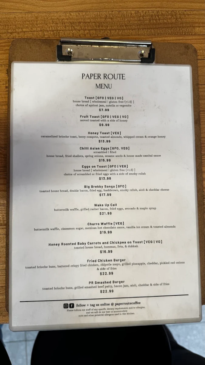 Menu, Paper Route Coffee