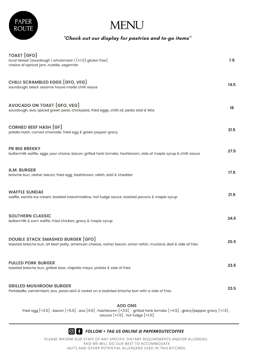 Menu, Paper Route Coffee