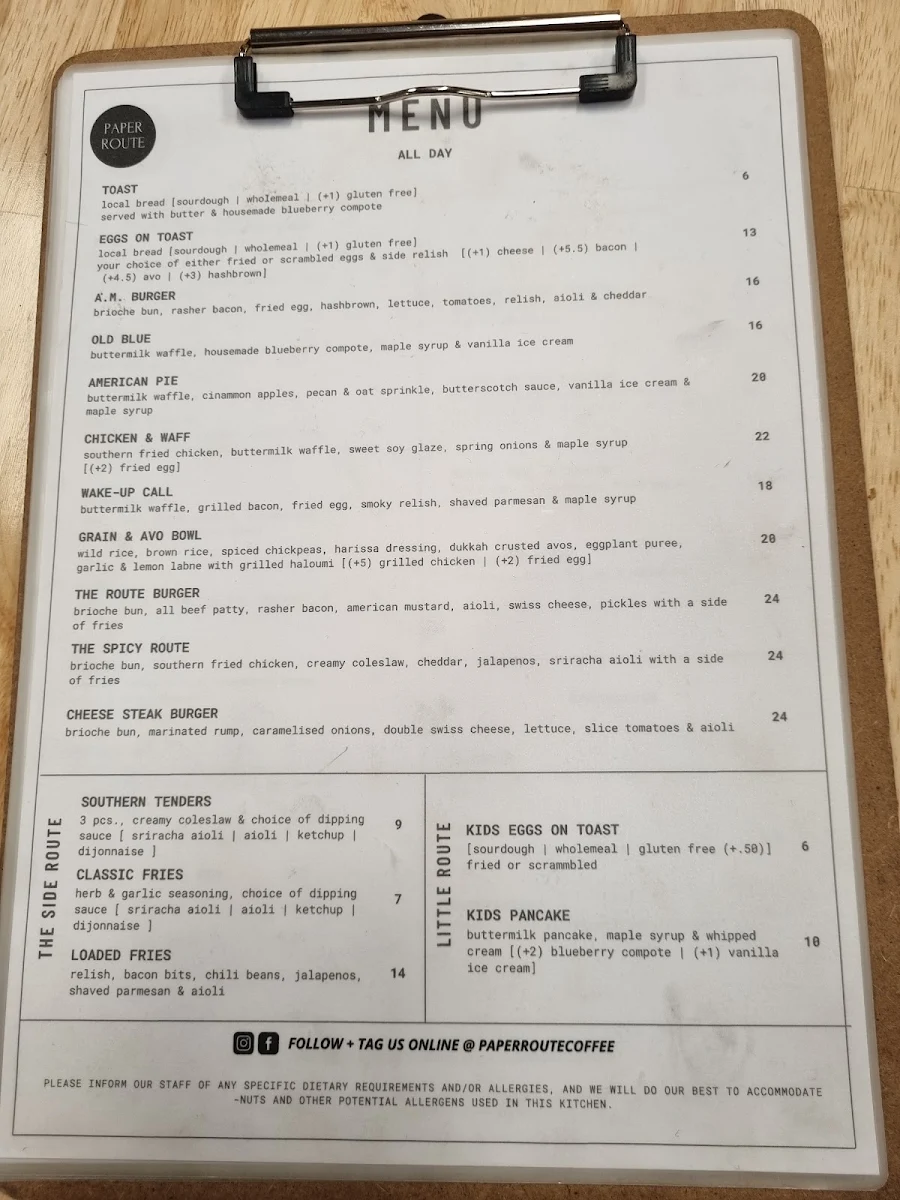 Menu, Paper Route Coffee