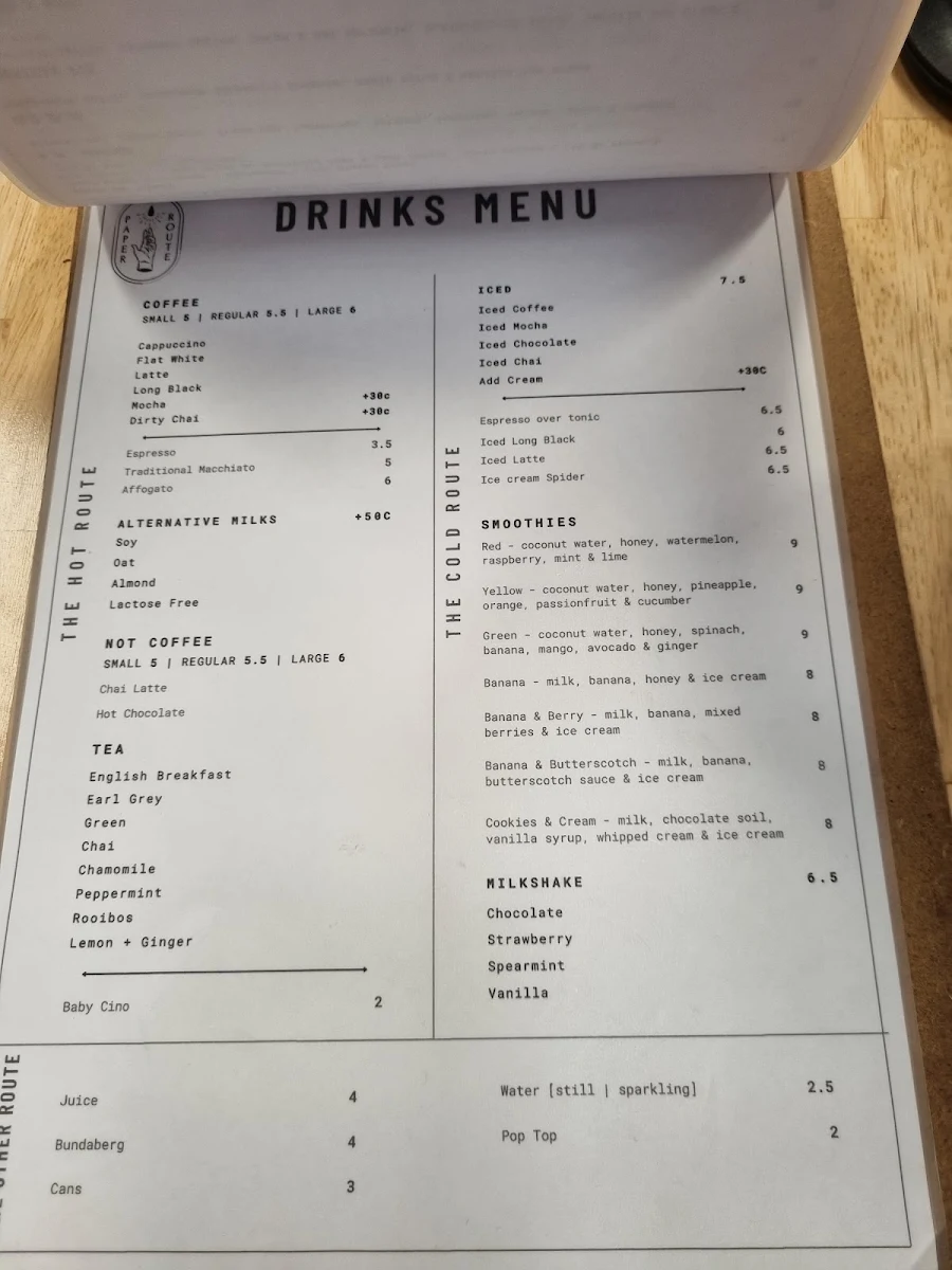 Menu, Paper Route Coffee