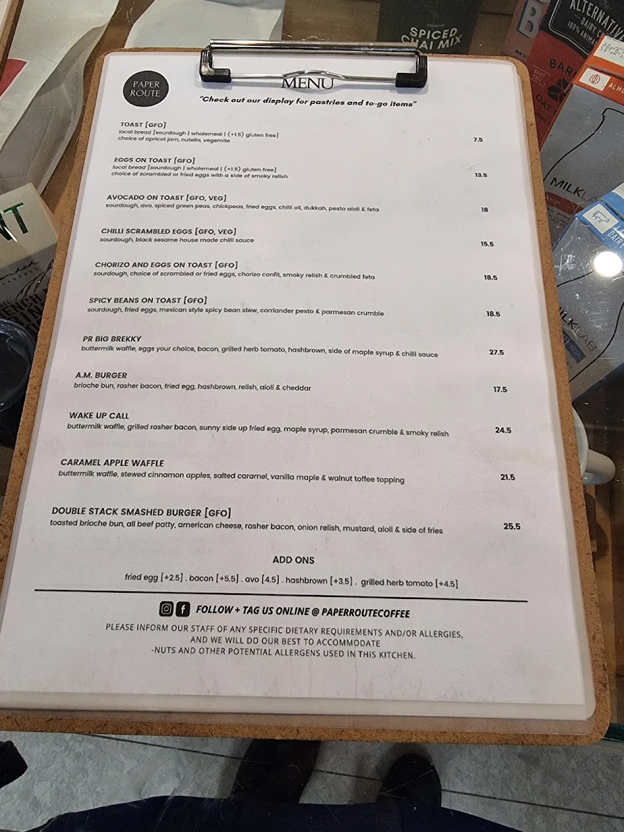 Menu, Paper Route Coffee