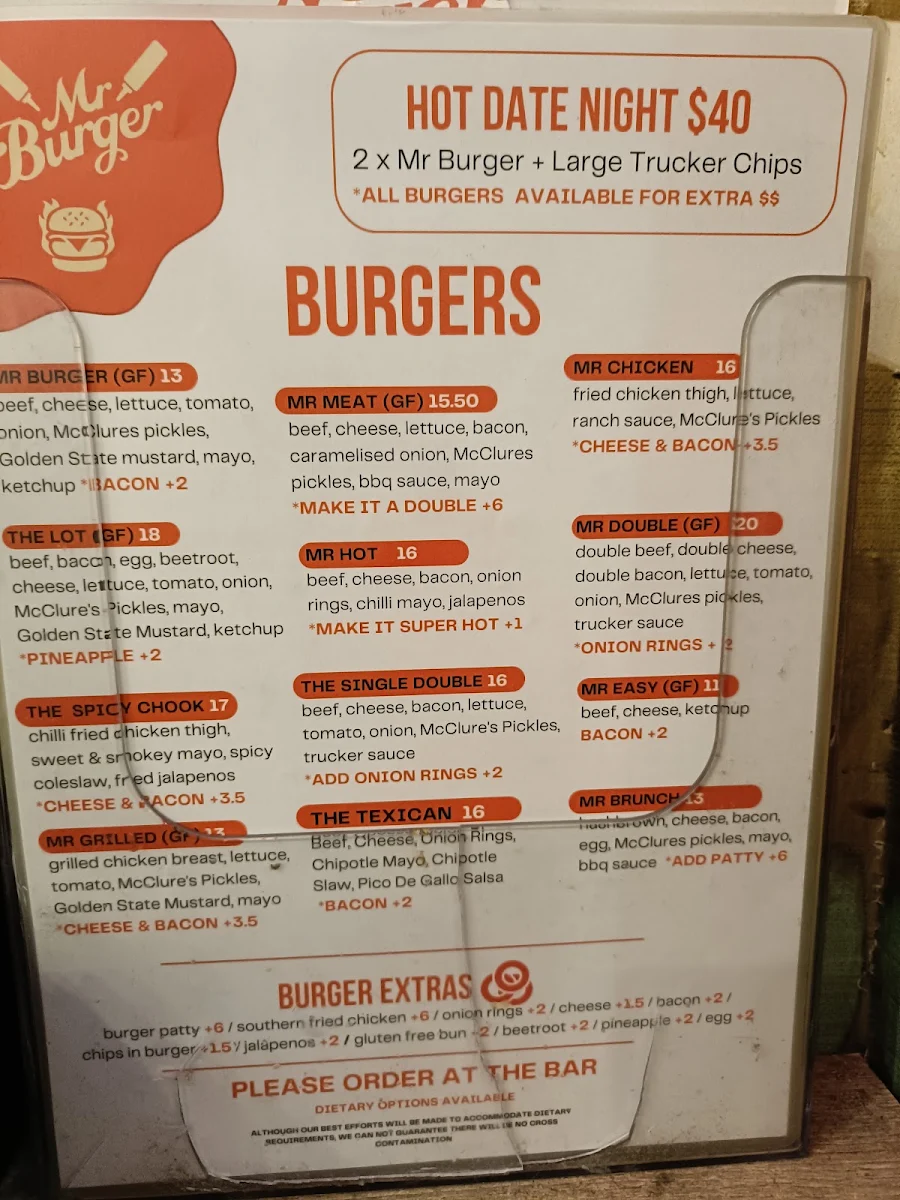 Menu, Mr Burger - Hobart