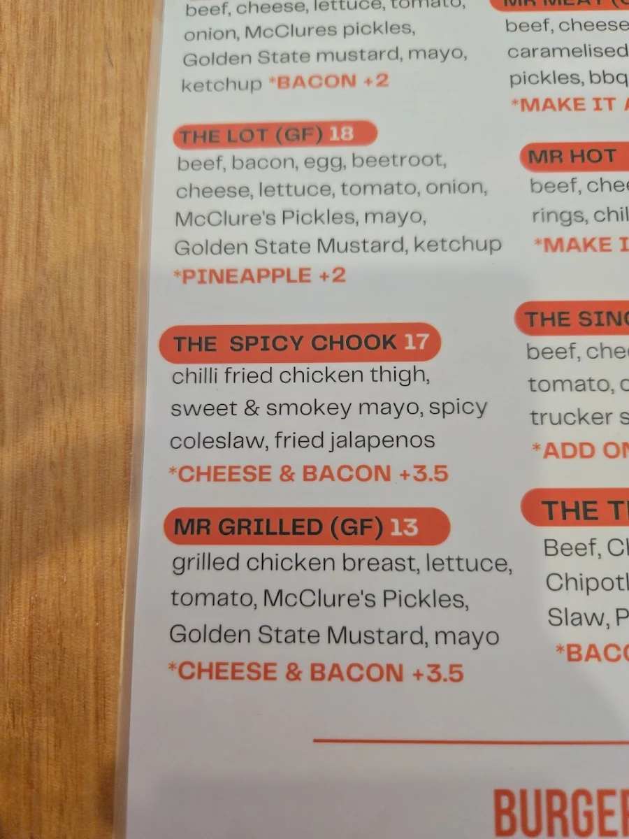 Menu, Mr Burger - Hobart