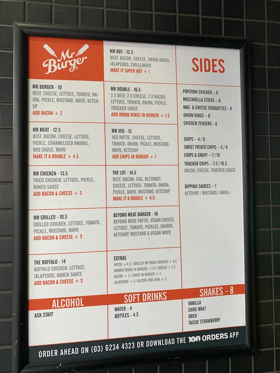 Menu, Mr Burger - Hobart
