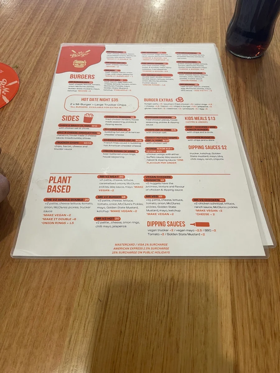 Menu, Mr Burger - Hobart
