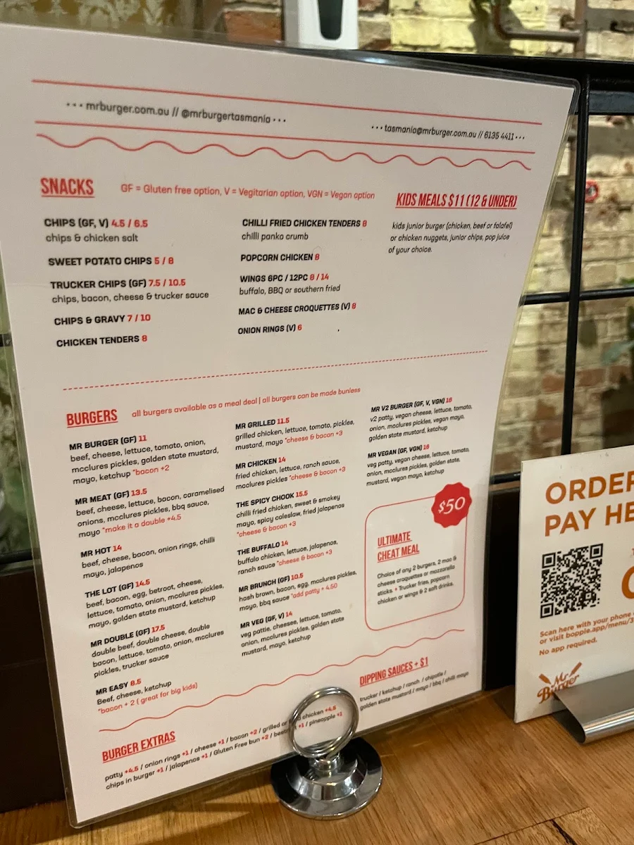 Menu, Mr Burger - Hobart