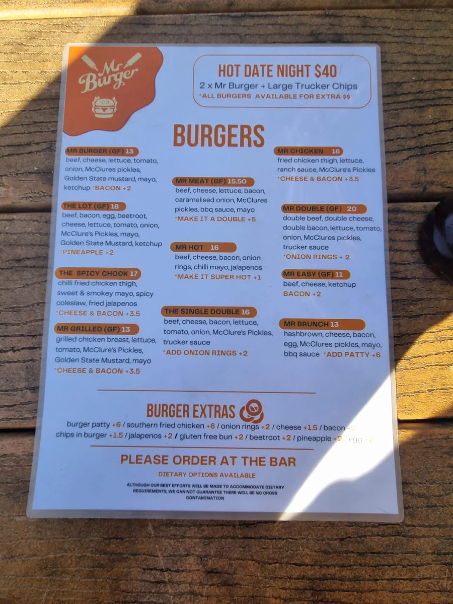 Menu, Mr Burger - Hobart