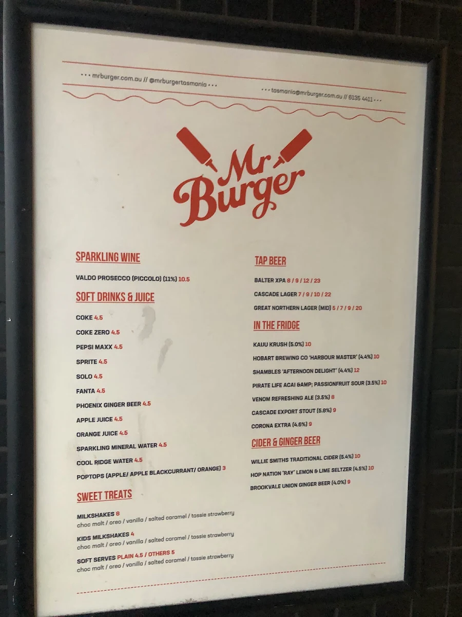 Menu, Mr Burger - Hobart