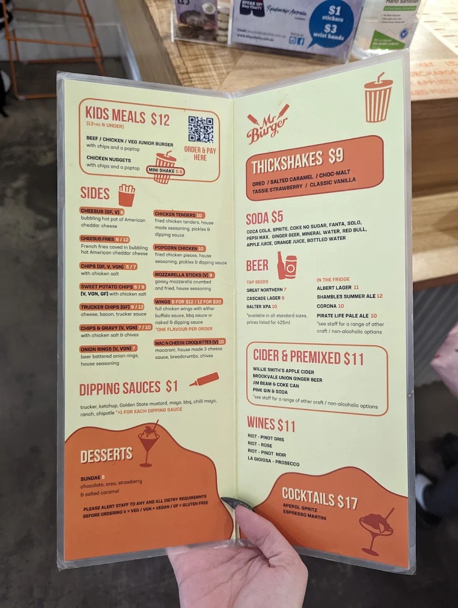 Menu, Mr Burger - Hobart