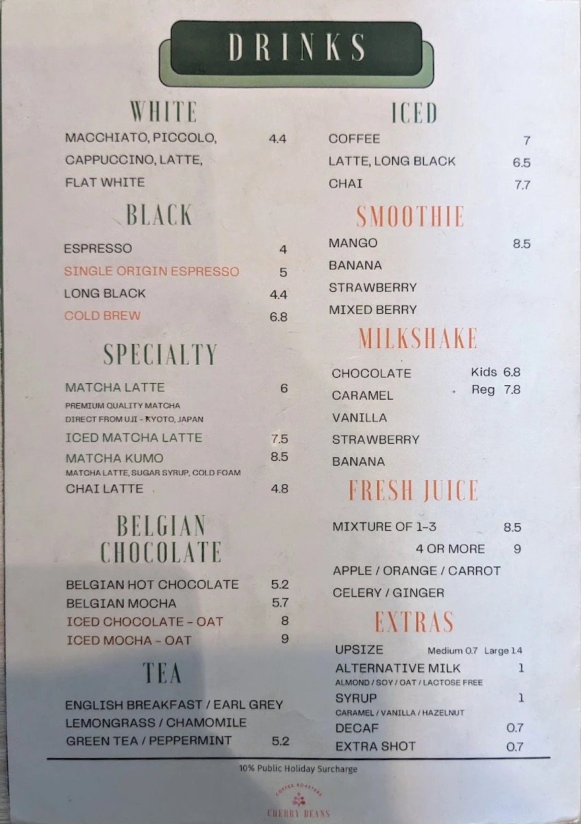 Menu, Caffe Cherry Beans - Rouse Hill