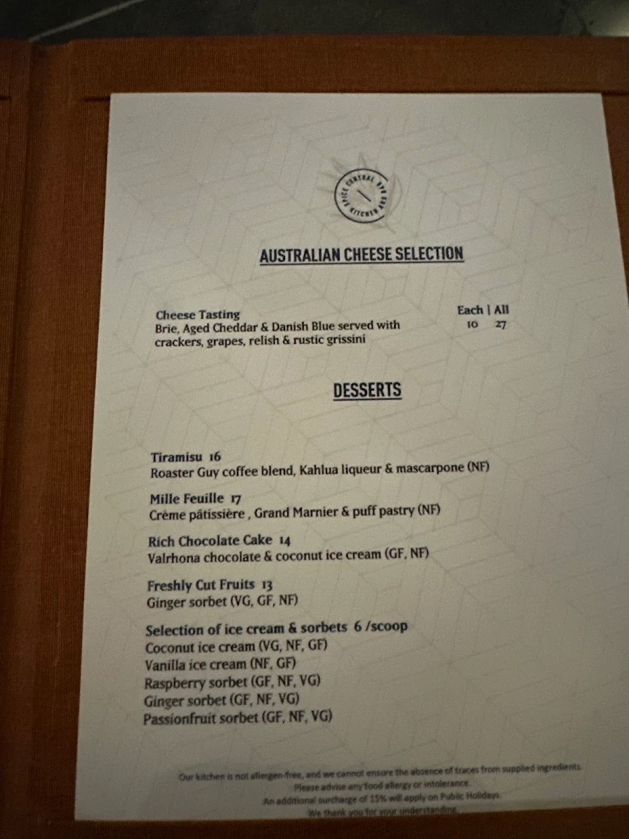 Menu, Spice Central Kitchen & Bar