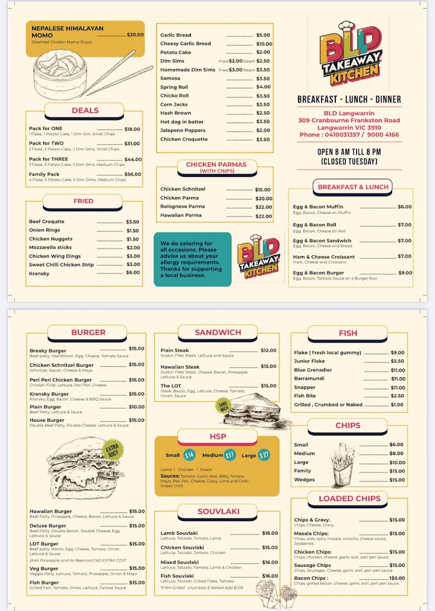 Menu, Langwarrin Fish & Chips