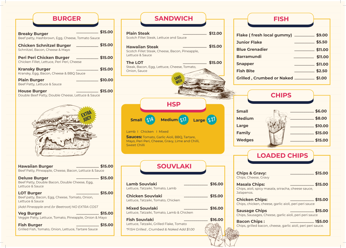 Menu, Langwarrin Fish & Chips