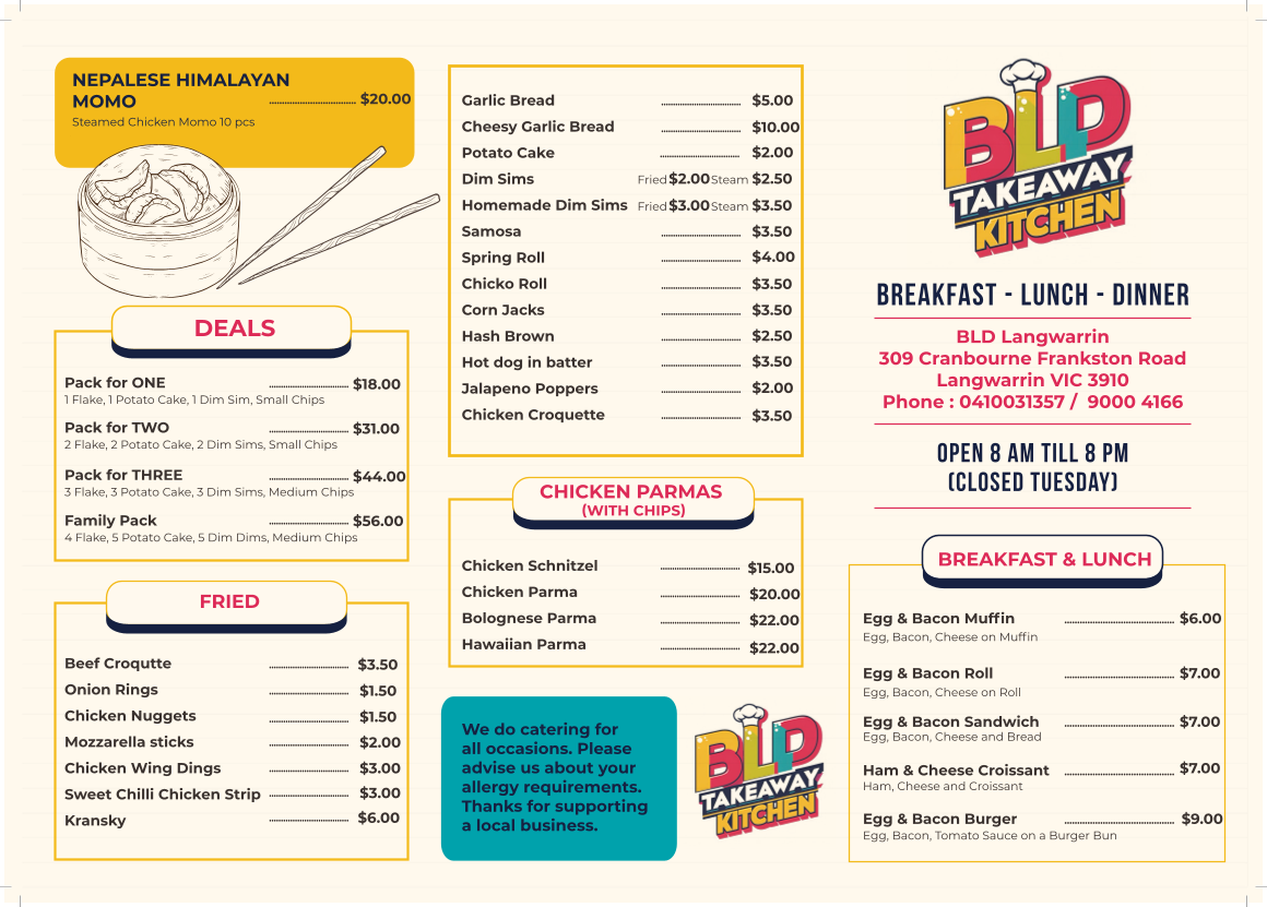 Menu, Langwarrin Fish & Chips