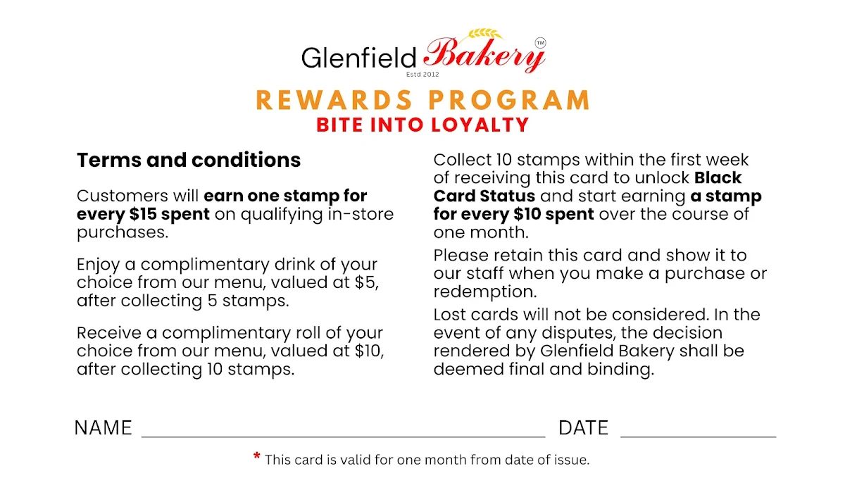 Menu, Glenfield Bakery