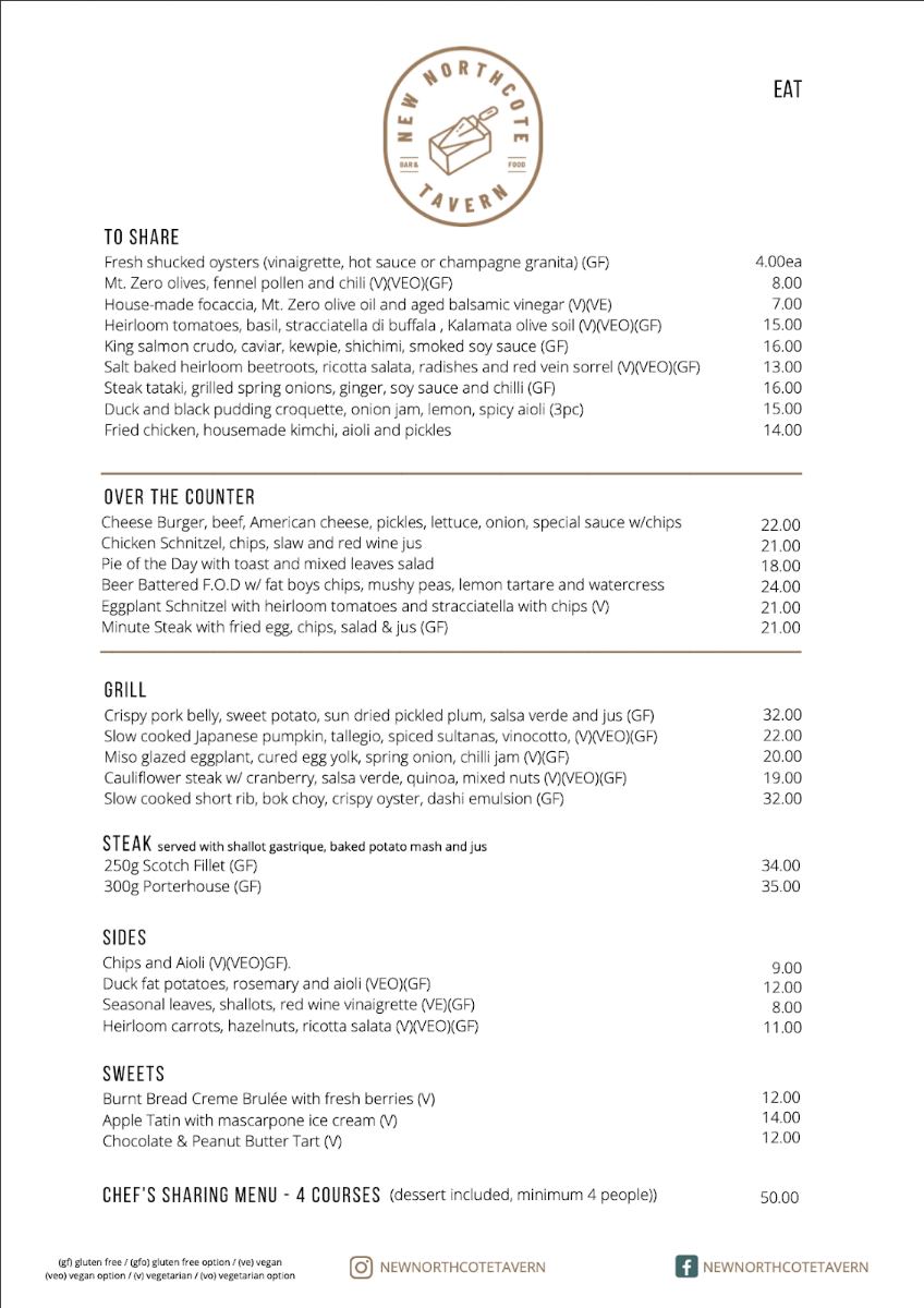 Menu, New Northcote Brewhouse