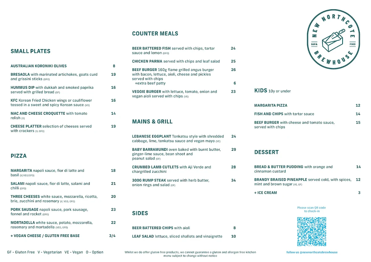 Menu, New Northcote Brewhouse