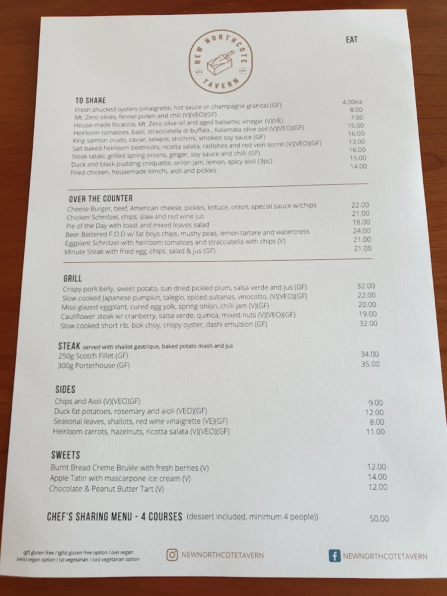 Menu, New Northcote Brewhouse