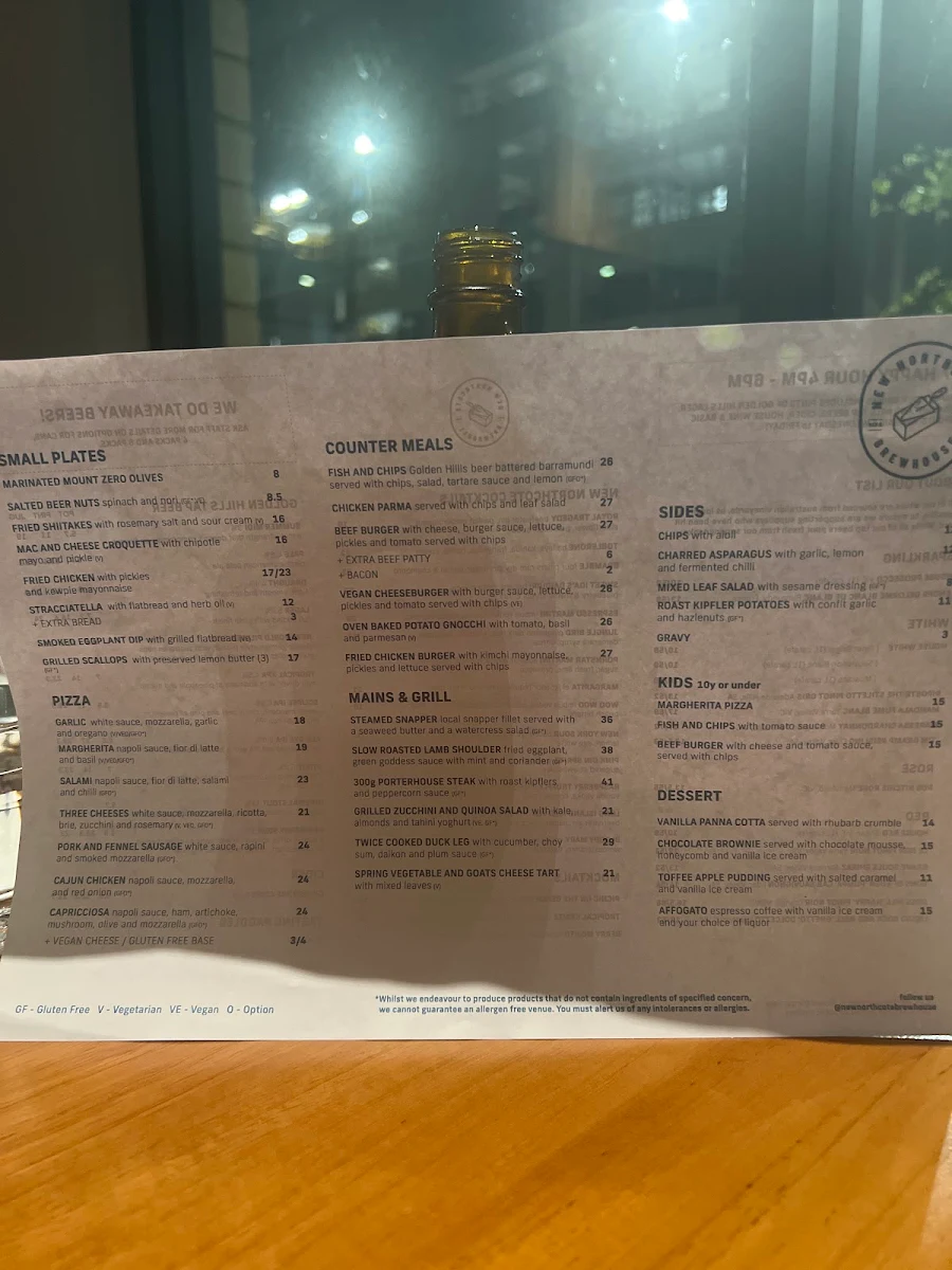 Menu, New Northcote Brewhouse