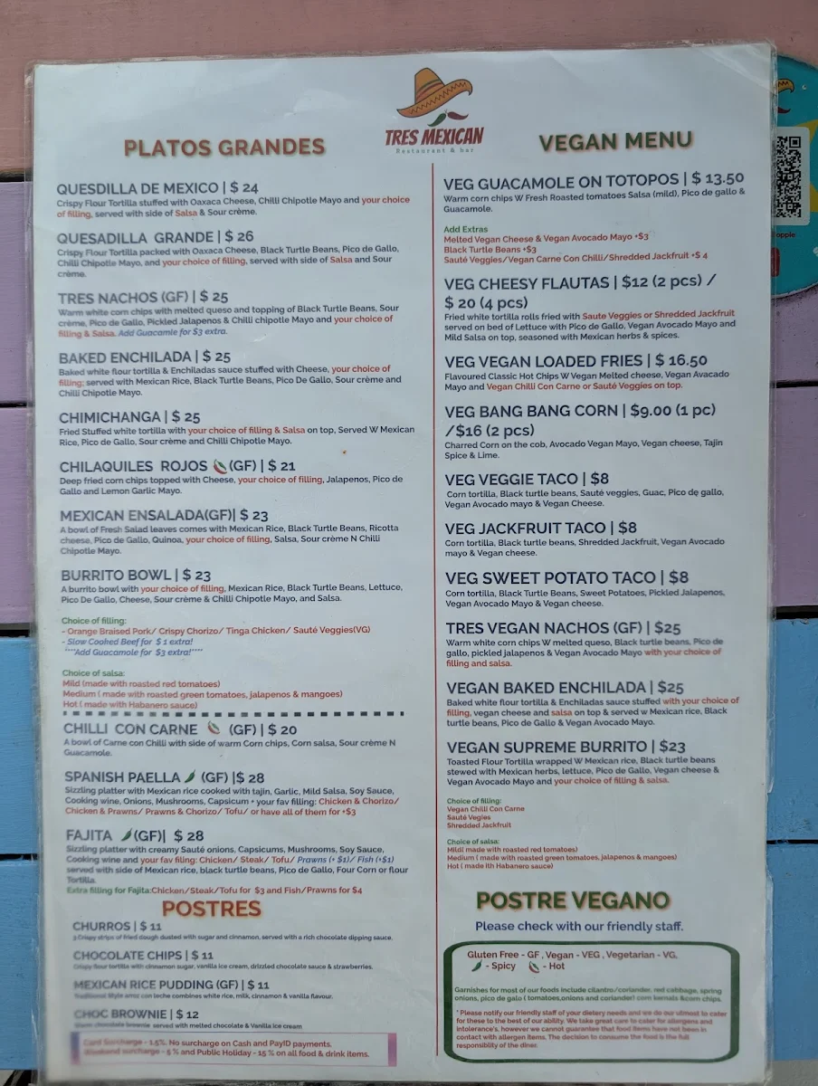 Menu, Tres Mexican