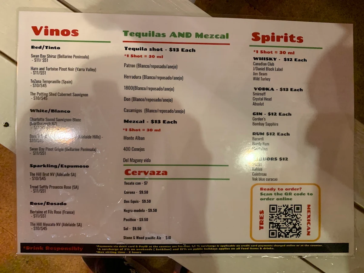 Menu, Tres Mexican