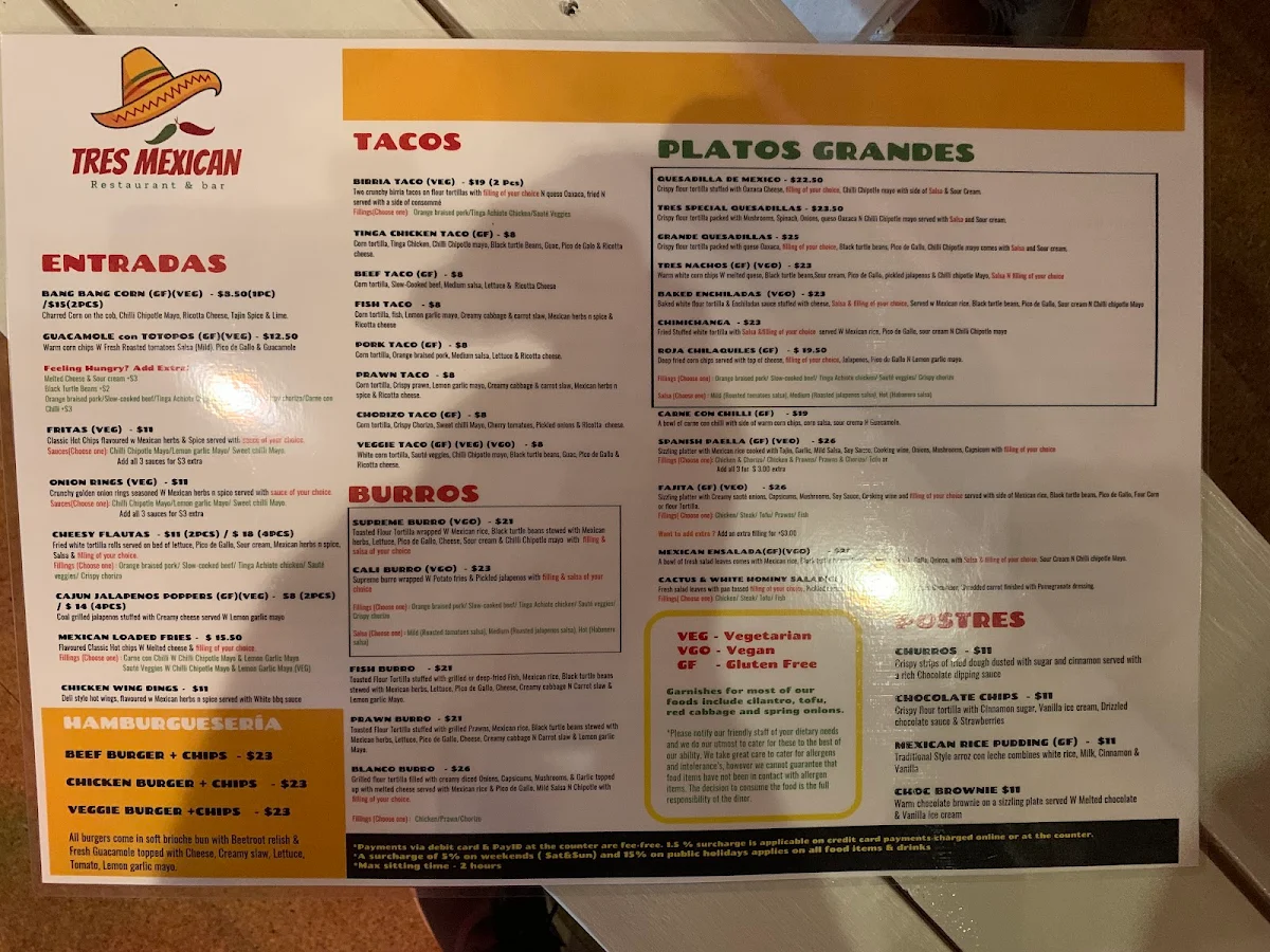Menu, Tres Mexican