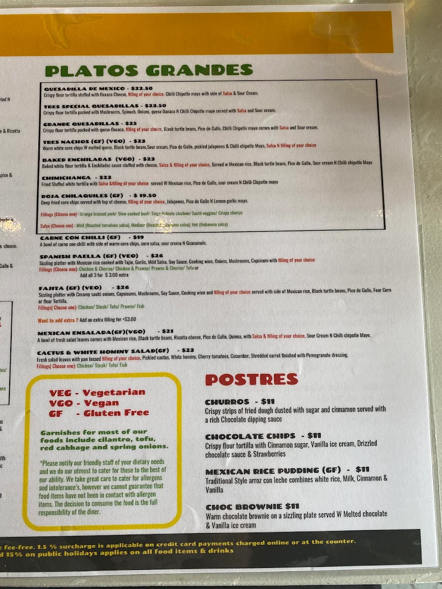 Menu, Tres Mexican