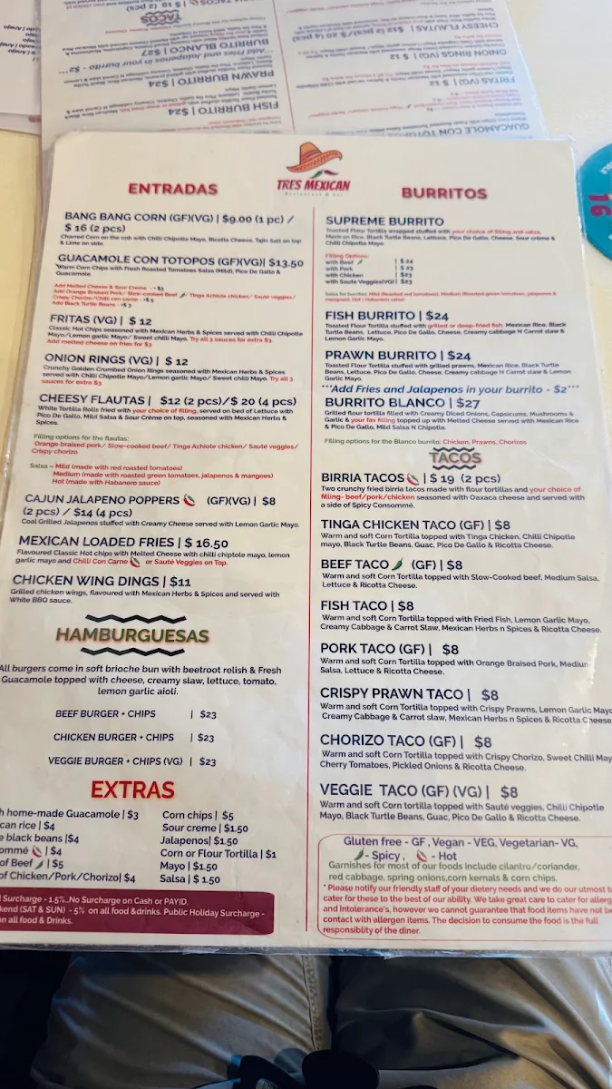 Menu, Tres Mexican