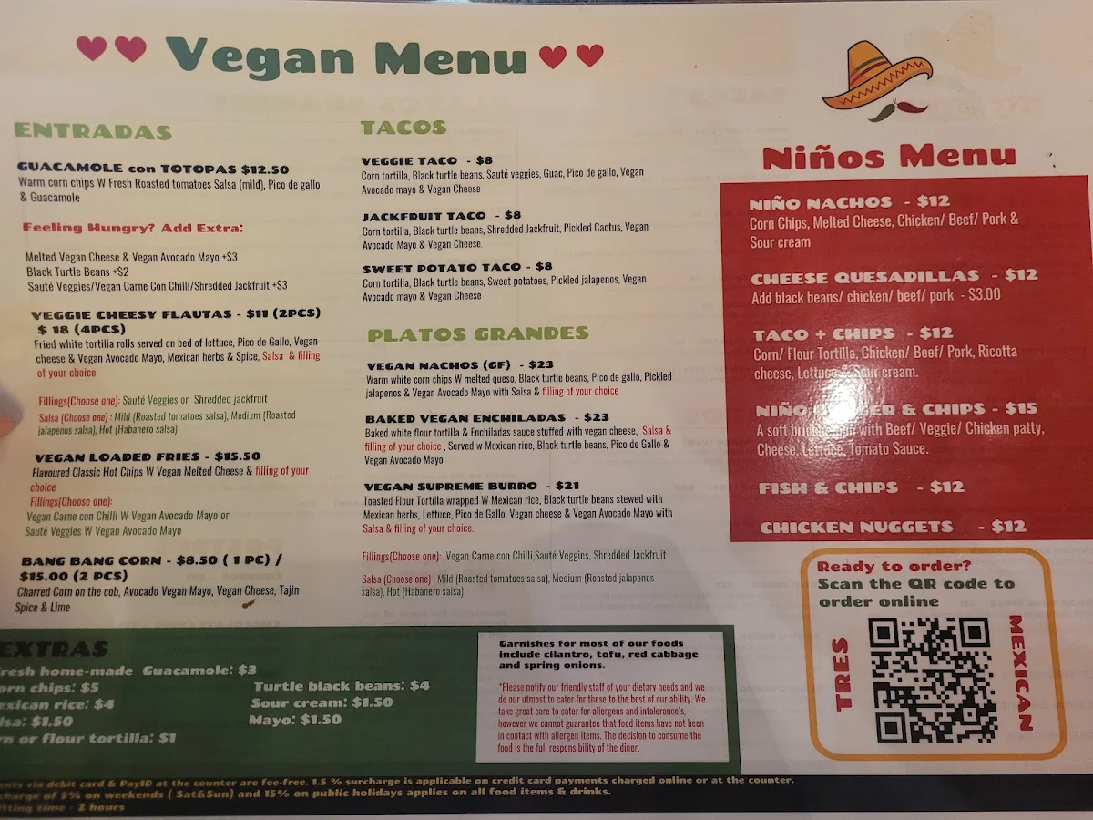 Menu, Tres Mexican