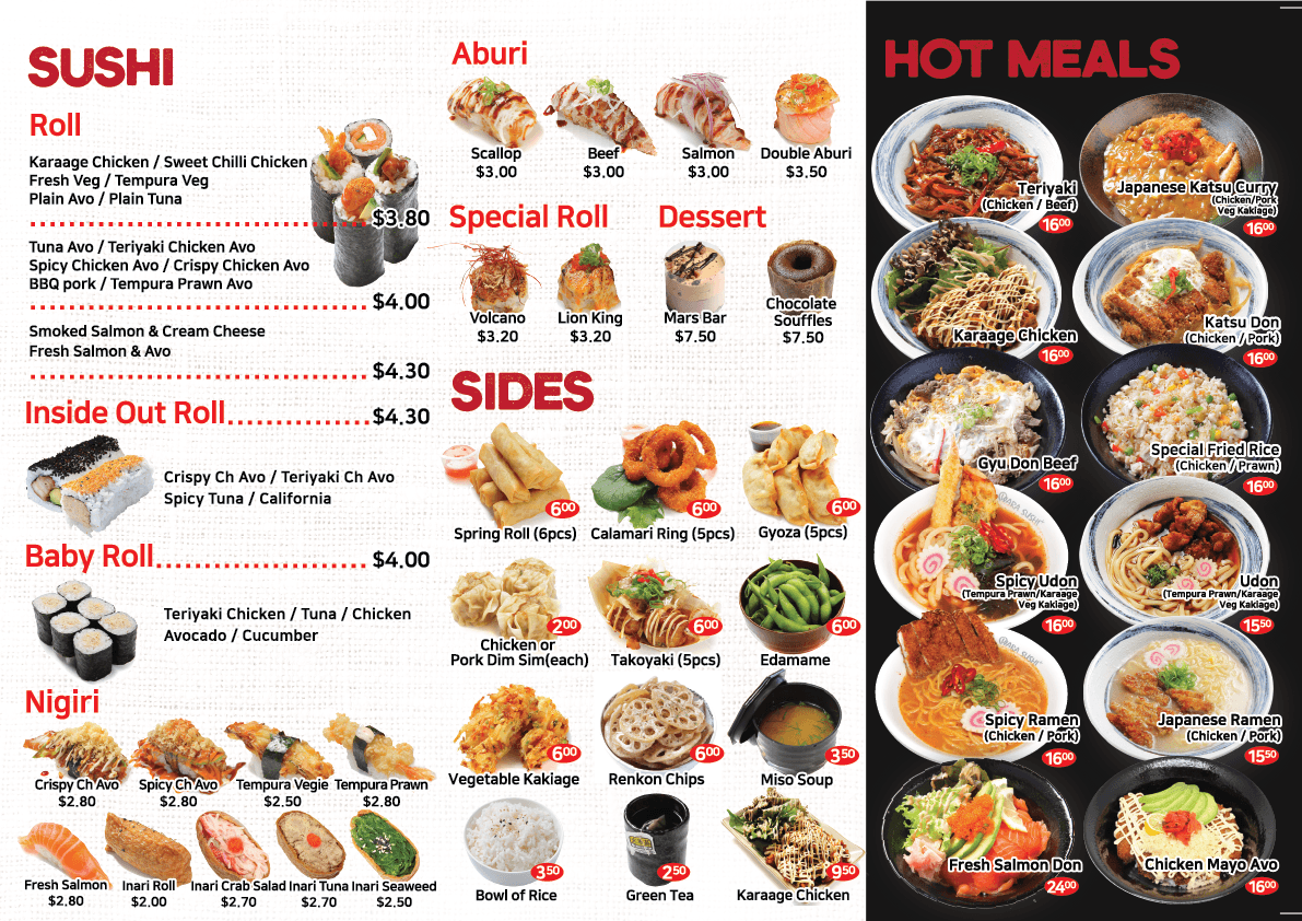 Menu, Wara Sushi - Bannockburn