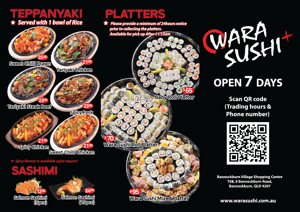 Menu, Wara Sushi - Bannockburn