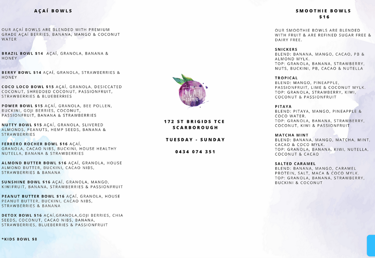 Menu, The Acai Corner