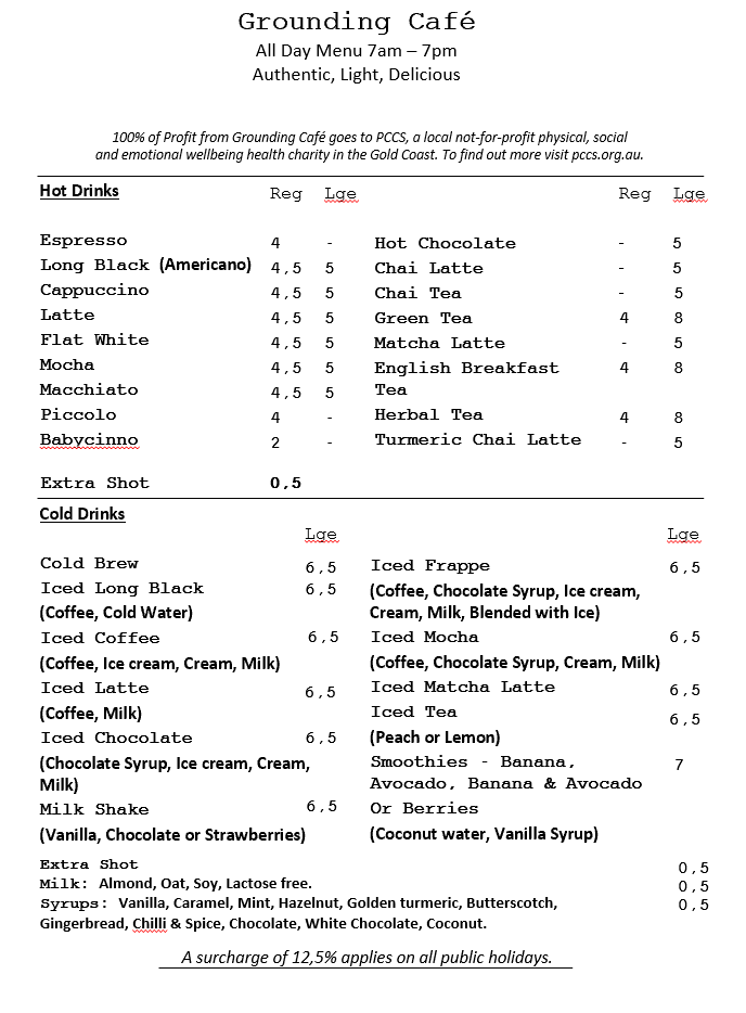 Menu, Grounding Cafe