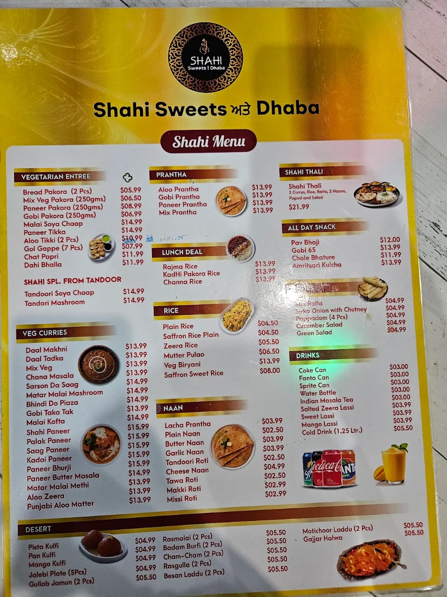 Menu, Shahi Sweets & Dhaba
