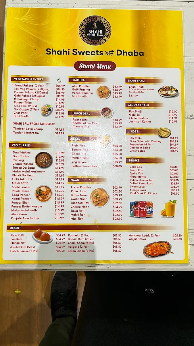 Menu, Shahi Sweets & Dhaba