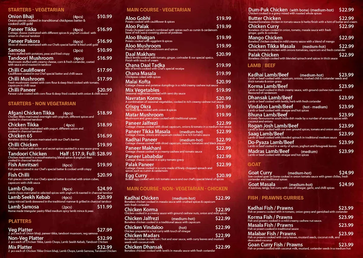 Menu, Cinnamon Spice Indian Restaurant