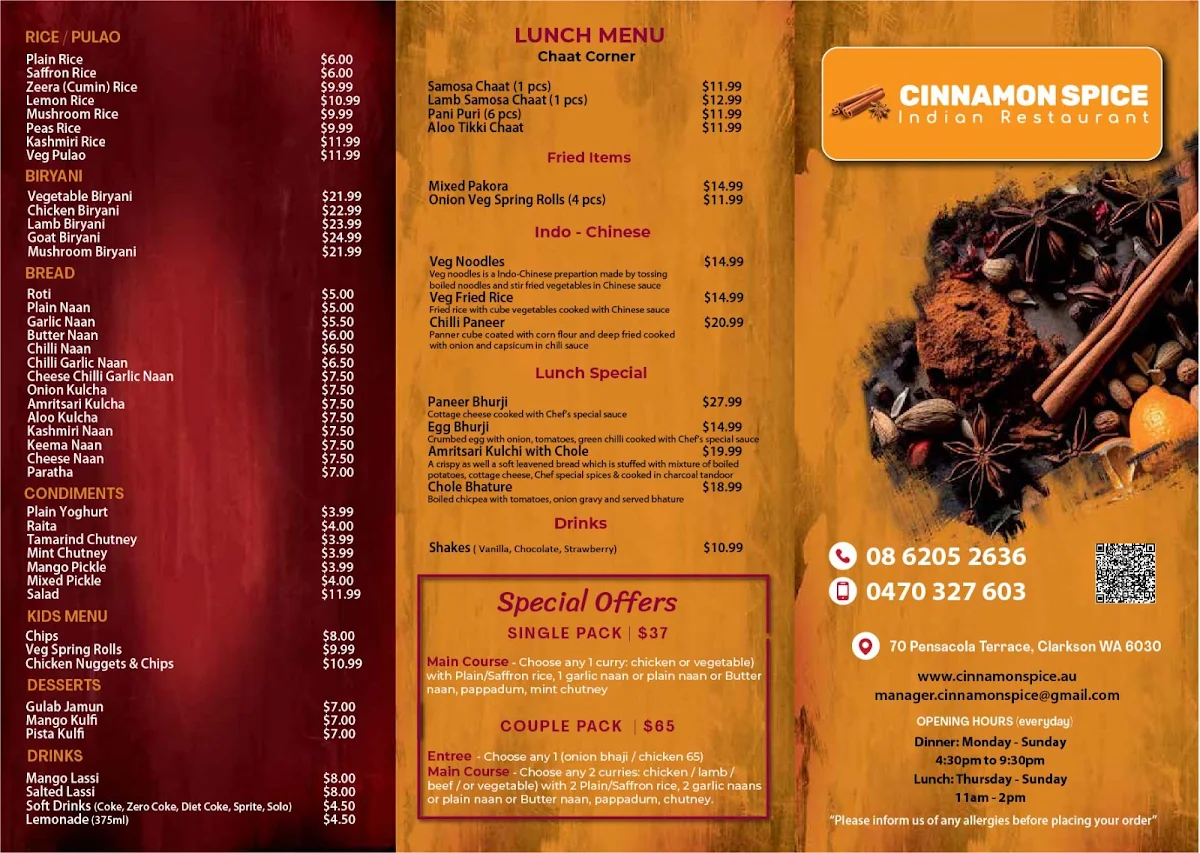 Menu, Cinnamon Spice Indian Restaurant